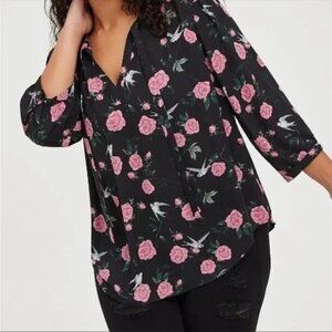 Torrid Floral Bird Print Georgette Bow Tie Blouse Black & Pink Sz 1 (1X)